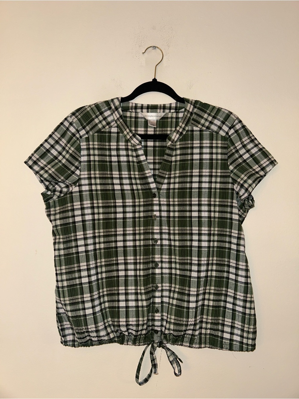 Christopher & Banks Large Green Plaid Short Sleeve Button Front Tie Hem Top - Picture 5 of 10
